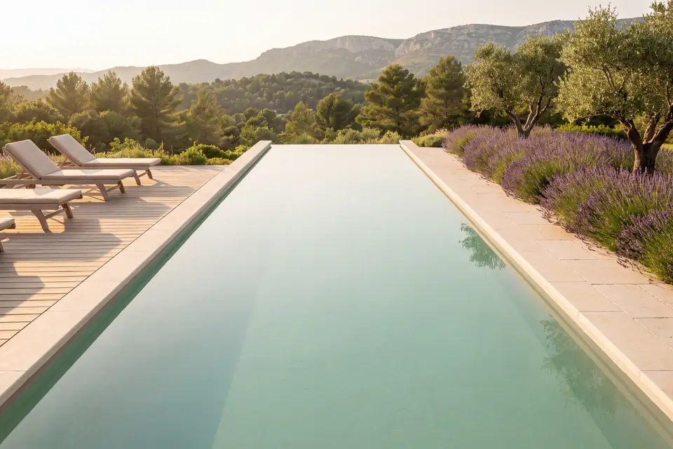 Piscine à débordement bordée d’une plage en bois, face aux collines au coucher du soleil