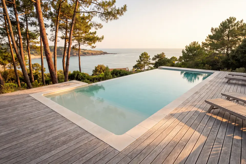 Piscine à débordement sur une terrasse en bois, sous les pins, face à la mer