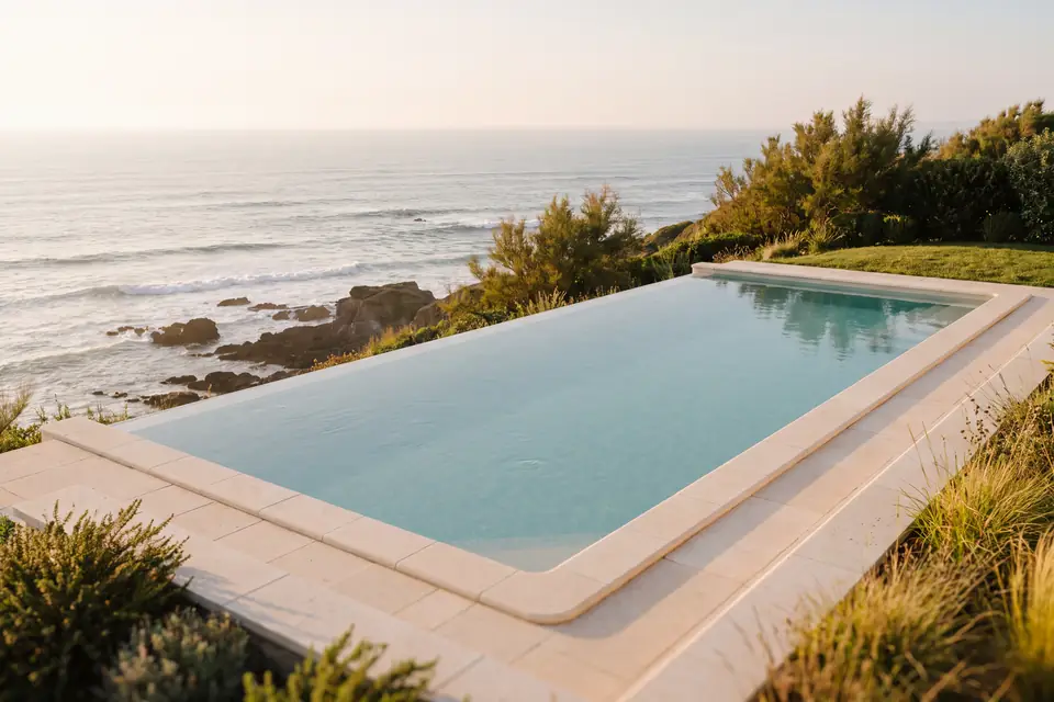 Piscine à débordement au bord d’une falaise, au-dessus de l’océan